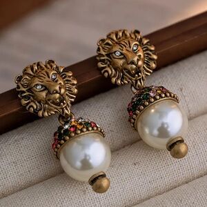 Lion Head Pearl Drop Earrings - Gold Tone with Multicolor Accents